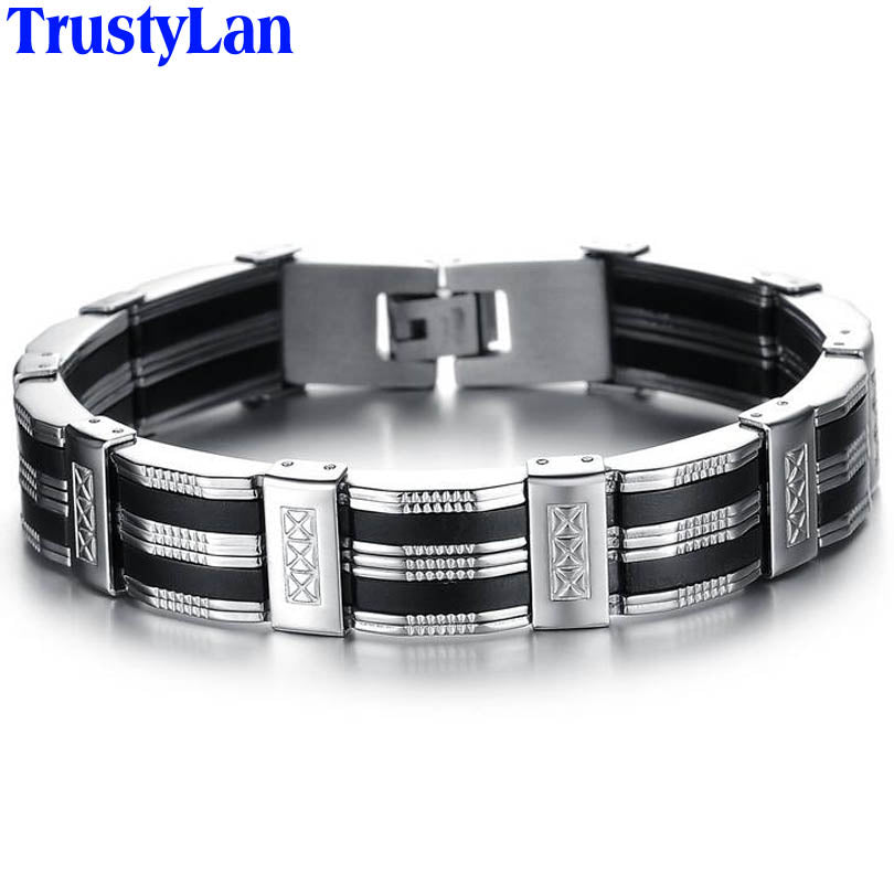 TrustyLan Accessory Men Bracelet Brazalet High Quality Stainless Steel & Black Silicone Mens Bracelets Jewelry Wristbands Band