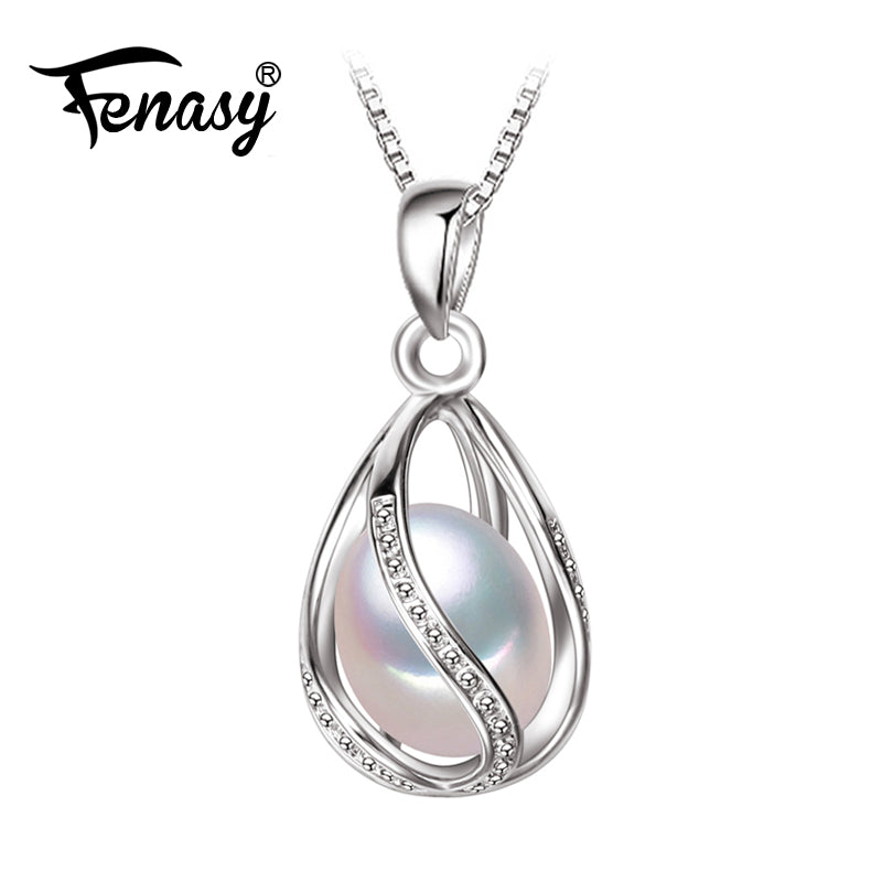 FENASY Pearl Jewelry,100% natural Pearl Pendant Necklace,fashion style Natural Freshwater Pearl Silver Necklace Pendant,gift box