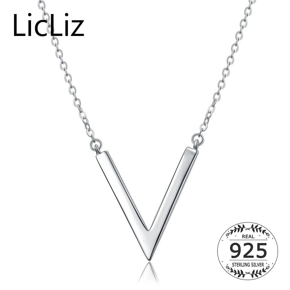 LicLiz Simple Silver Chains Necklaces Big Pendants Geometric Necklace Collar Triangle Sterling 925 Necklace Charm V Women LN0204