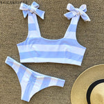 BAICANADEAN sexy biquini blue stripe swimsuit bow knot swimwear women padded bikini