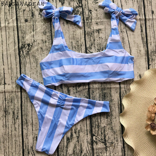 BAICANADEAN sexy biquini blue stripe swimsuit bow knot swimwear women padded bikini