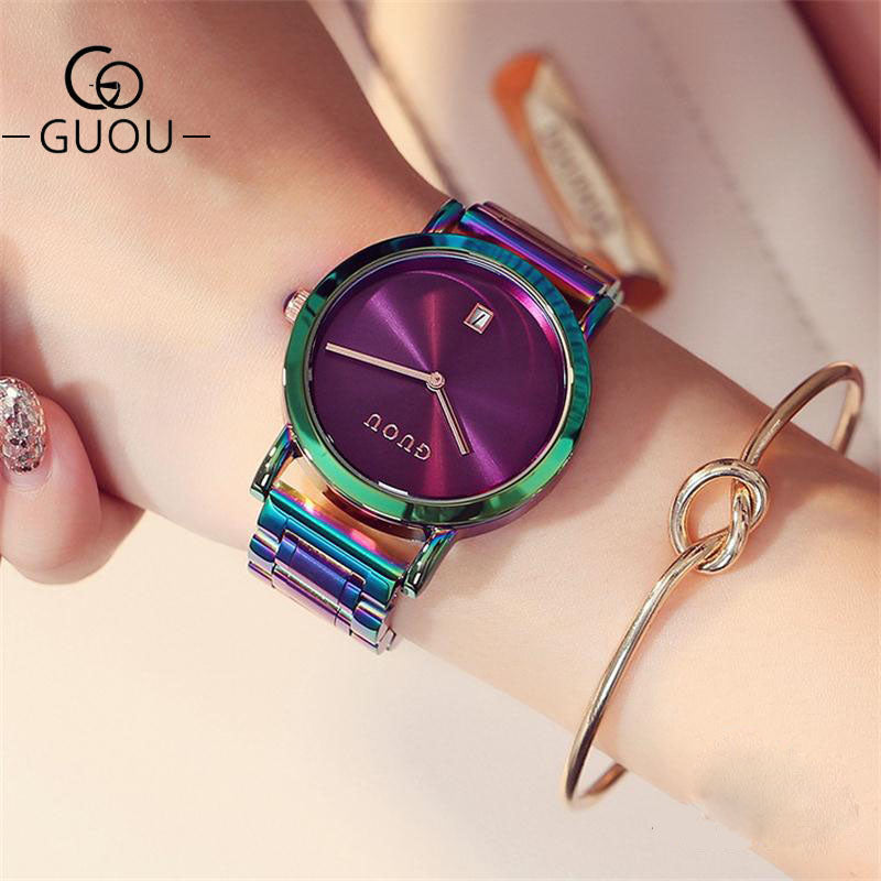 GUOU Watch Women Fashion Colorful Stainless Steel Ladies Watch Luxury Exquisite Women's Watches reloj mujer relogio feminino