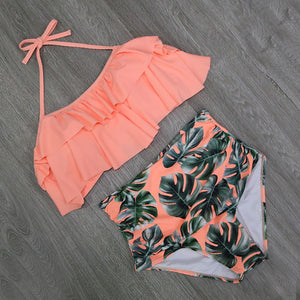 Bikini Set Double Ruffle Swimwear Women Sexy Swimsuit Off Shoulder High Waist Swim Wear Beach Bathing Suits