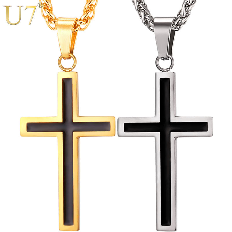 U7 Cross Enamel Pendant Necklace Stainless Steel Black Gold Color For Men/Women Religious Christian Jewelry Christmas Gifts P581