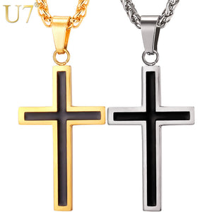 U7 Cross Enamel Pendant Necklace Stainless Steel Black Gold Color For Men/Women Religious Christian Jewelry Christmas Gifts P581