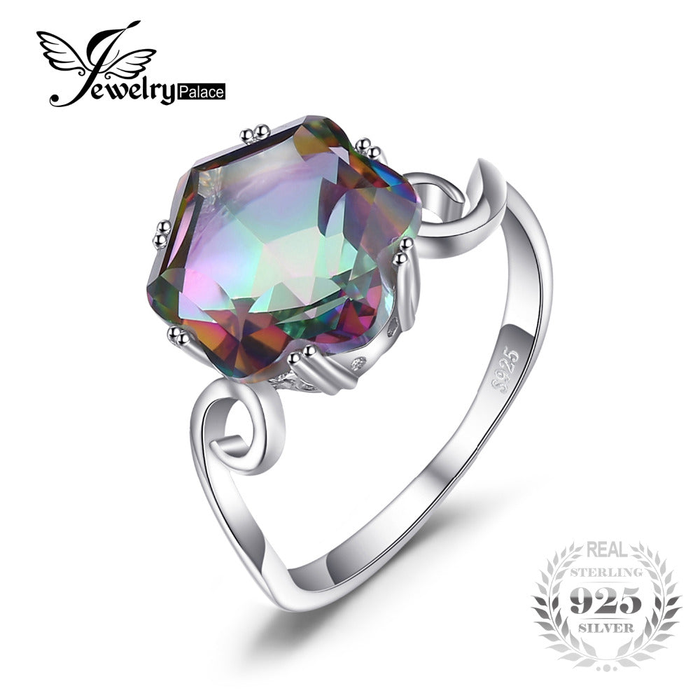 JewelryPalace 3.2ct Genuine Rainbow Fire Mystic Topaz Ring Solid 925 Sterling Silver Jewelry Best Gift For Women Fine Jewelry