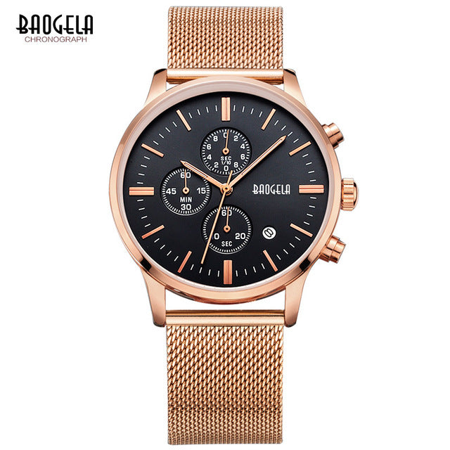 BAOGELA Chronograph Black New Watches Mens Quartz Watch Stainless Steel Mesh Band Slim Men Gold Watch Student Sports Wristwatch