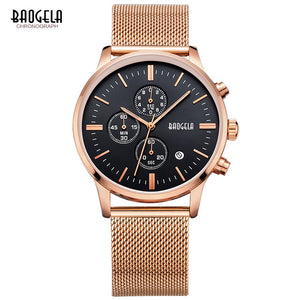 BAOGELA Chronograph Black New Watches Mens Quartz Watch Stainless Steel Mesh Band Slim Men Gold Watch Student Sports Wristwatch