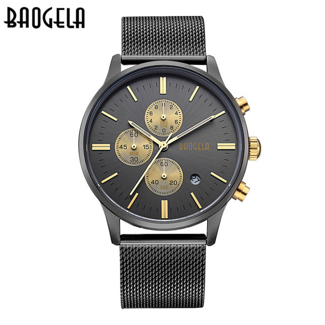 BAOGELA Chronograph Black New Watches Mens Quartz Watch Stainless Steel Mesh Band Slim Men Gold Watch Student Sports Wristwatch