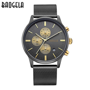 BAOGELA Chronograph Black New Watches Mens Quartz Watch Stainless Steel Mesh Band Slim Men Gold Watch Student Sports Wristwatch