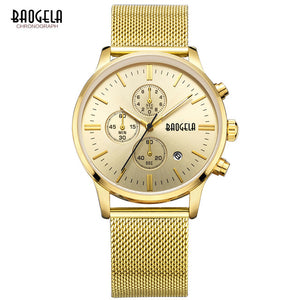 BAOGELA Chronograph Black New Watches Mens Quartz Watch Stainless Steel Mesh Band Slim Men Gold Watch Student Sports Wristwatch