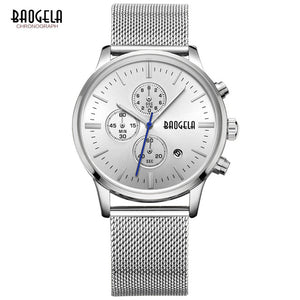 BAOGELA Chronograph Black New Watches Mens Quartz Watch Stainless Steel Mesh Band Slim Men Gold Watch Student Sports Wristwatch