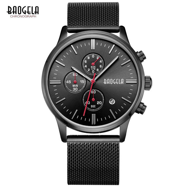 BAOGELA Chronograph Black New Watches Mens Quartz Watch Stainless Steel Mesh Band Slim Men Gold Watch Student Sports Wristwatch