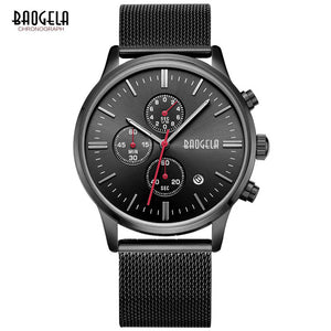 BAOGELA Chronograph Black New Watches Mens Quartz Watch Stainless Steel Mesh Band Slim Men Gold Watch Student Sports Wristwatch