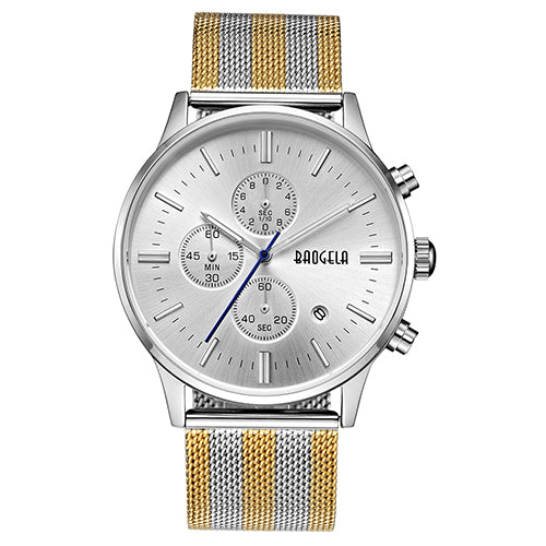 BAOGELA Chronograph Black New Watches Mens Quartz Watch Stainless Steel Mesh Band Slim Men Gold Watch Student Sports Wristwatch