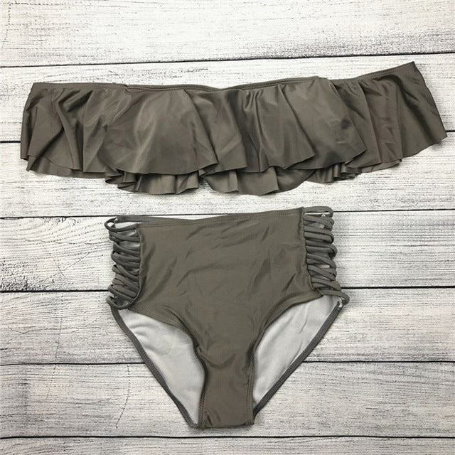 2018 Women Strapless Bikini Set Off Shoulder Swimsuit High Waist Cross Straps Biquini Sexy Hollow Out Swimwear Bathing Suit