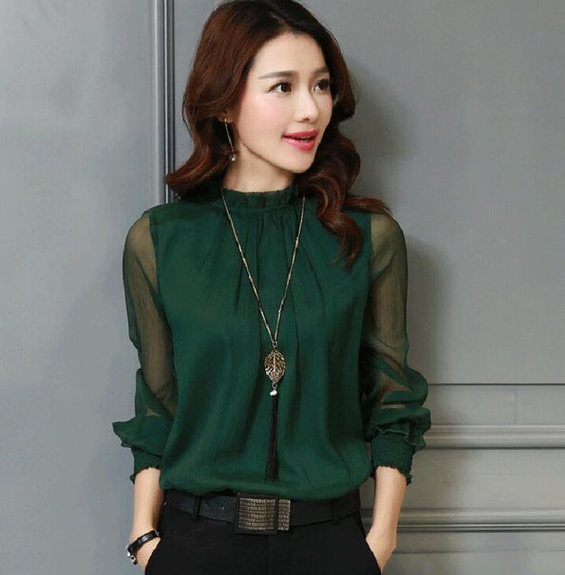 Chiffon Blouse 2018 New Women Tops Long Sleeve Stand Neck Work Wear Shirts Elegant Lady Blouses Casual Solid Color Blusas 32746