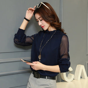 Chiffon Blouse 2018 New Women Tops Long Sleeve Stand Neck Work Wear Shirts Elegant Lady Blouses Casual Solid Color Blusas 32746