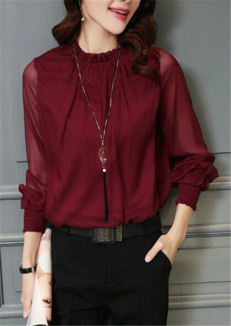 Chiffon Blouse 2018 New Women Tops Long Sleeve Stand Neck Work Wear Shirts Elegant Lady Blouses Casual Solid Color Blusas 32746