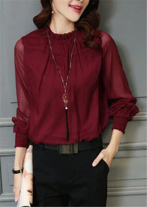 Chiffon Blouse 2018 New Women Tops Long Sleeve Stand Neck Work Wear Shirts Elegant Lady Blouses Casual Solid Color Blusas 32746