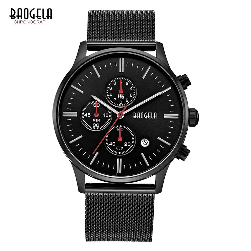 BAOGELA Chronograph Black New Watches Mens Quartz Watch Stainless Steel Mesh Band Slim Men Gold Watch Student Sports Wristwatch