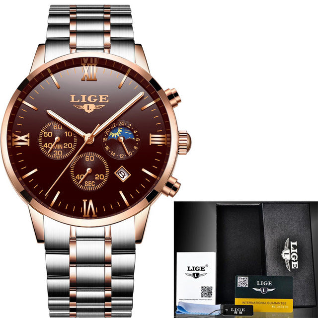 LIGE Watch Men Fashion Sports Quartz Clock Mens Watches Top Brand Luxury Full Steel Business Waterproof Watch Relogio Masculino