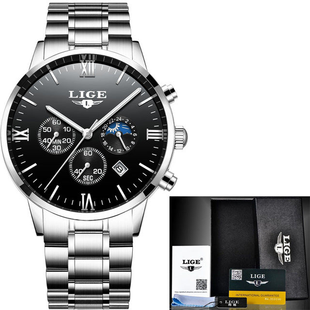 LIGE Watch Men Fashion Sports Quartz Clock Mens Watches Top Brand Luxury Full Steel Business Waterproof Watch Relogio Masculino