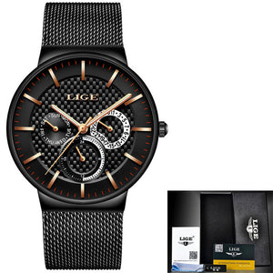 LIGE Fashion Mens Watches Top Brand Luxury Quartz Watch Men Casual Slim Mesh Steel Date Waterproof Sport Watch Relogio Masculino