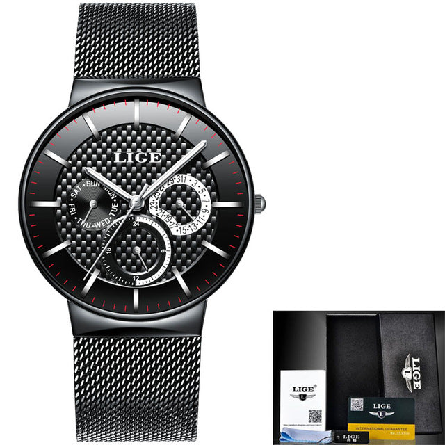 LIGE Fashion Mens Watches Top Brand Luxury Quartz Watch Men Casual Slim Mesh Steel Date Waterproof Sport Watch Relogio Masculino