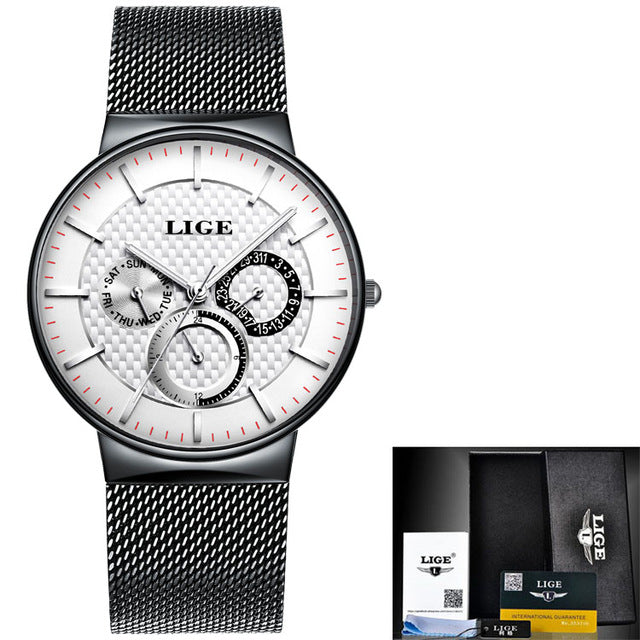 LIGE Fashion Mens Watches Top Brand Luxury Quartz Watch Men Casual Slim Mesh Steel Date Waterproof Sport Watch Relogio Masculino