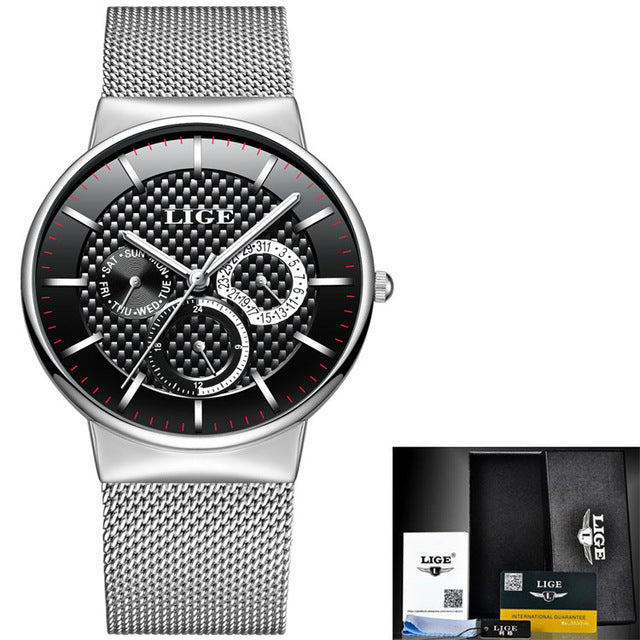 LIGE Fashion Mens Watches Top Brand Luxury Quartz Watch Men Casual Slim Mesh Steel Date Waterproof Sport Watch Relogio Masculino
