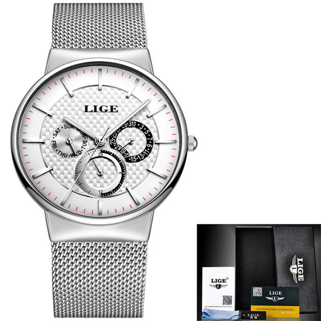 LIGE Fashion Mens Watches Top Brand Luxury Quartz Watch Men Casual Slim Mesh Steel Date Waterproof Sport Watch Relogio Masculino