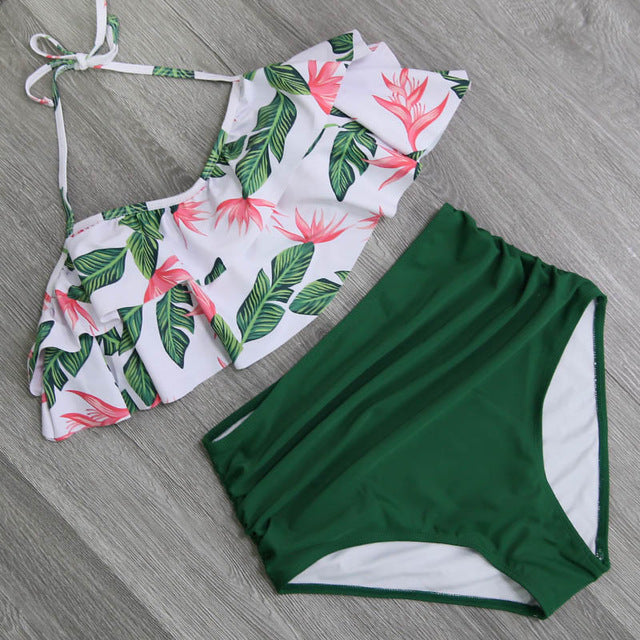 Bikini Set Double Ruffle Swimwear Women Sexy Swimsuit Off Shoulder High Waist Swim Wear Beach Bathing Suits
