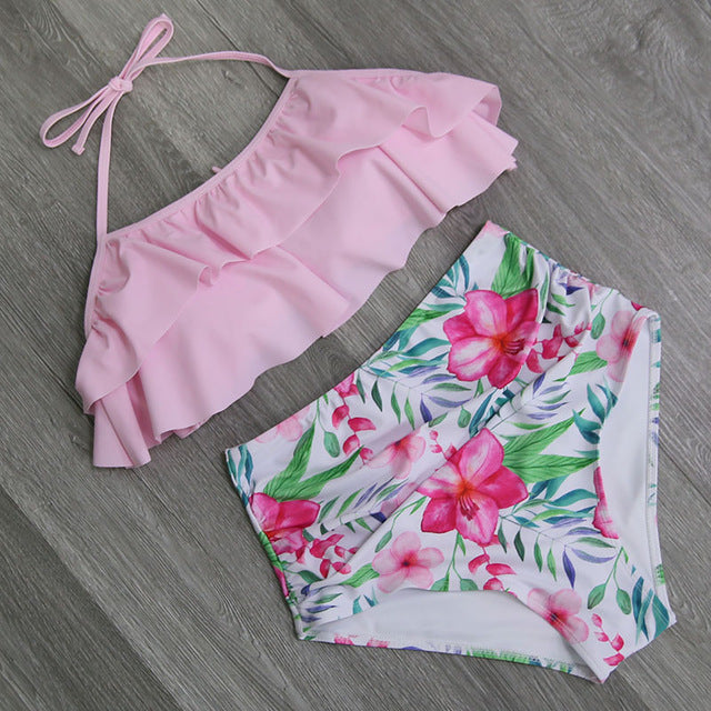 Bikini Set Double Ruffle Swimwear Women Sexy Swimsuit Off Shoulder High Waist Swim Wear Beach Bathing Suits