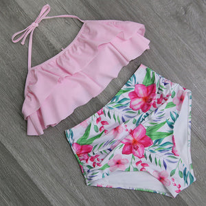 Bikini Set Double Ruffle Swimwear Women Sexy Swimsuit Off Shoulder High Waist Swim Wear Beach Bathing Suits