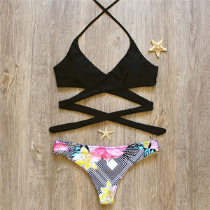2018 Woman Sexy Swimwear Cross Brazilian Bikinis Set Beach Bathing Suit Push Up Halter Bodaysuit Bandage Female Bather Swimsuits
