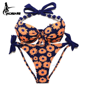 EONAR Bikinis Women 2018 Print Floral Swimsuits Brazilian Push Up Halter Bikini Set Bathing Suits Plus Size Swimwear Female XXL