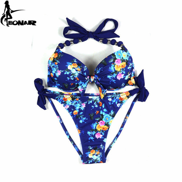 EONAR Bikinis Women 2018 Print Floral Swimsuits Brazilian Push Up Halter Bikini Set Bathing Suits Plus Size Swimwear Female XXL