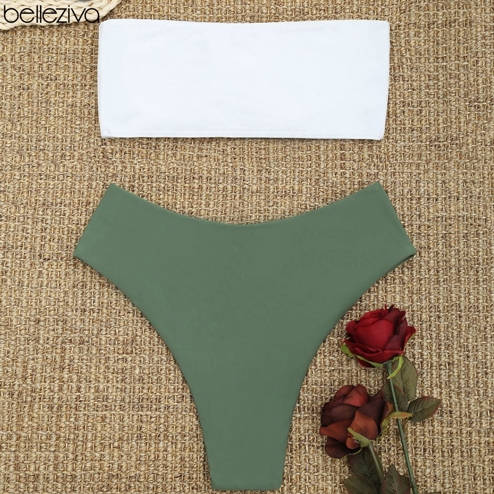 Belleziva Ribbed Bandeau Bikini Set High Cut Sexy Brazilian Bikini Swimwear Female Bathing Suit Women Sexy Swimsuit Biquinis