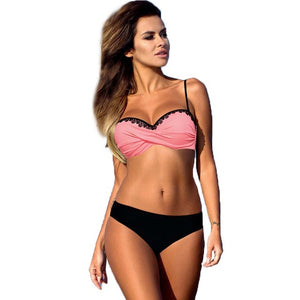 HolaSukey 2018 Sexy Solid Bikini New Patchwork Swimsuit Women Lace Bandeau Swimwear Female Bikini Set Summer Bathing Suits