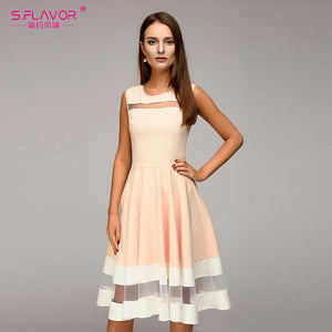 S.FLAVOR 2018 Women elegant knee-length dress sexy mesh patchwork O-neck A-line Vestidos women summer Sleeveless party dress