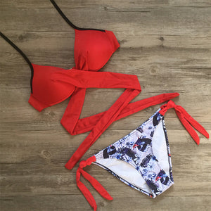 Ariel Sarah Cross Bandage Bikini 2018 Swimsuit Women Push Up Bikini Set Halter Plus Size Swimwear Patchwork Bathing Suit Q257