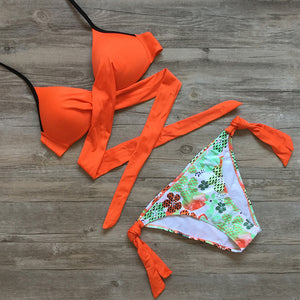 Ariel Sarah Cross Bandage Bikini 2018 Swimsuit Women Push Up Bikini Set Halter Plus Size Swimwear Patchwork Bathing Suit Q257