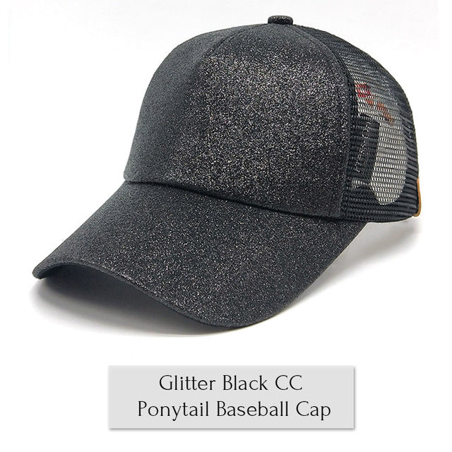 Drop Shipping CC Glitter Ponytail Baseball Cap Women Messy Bun Baseball Cap Girls Snapback Caps Summer Sports Mesh Hats