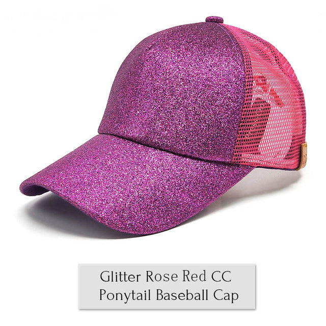 Drop Shipping CC Glitter Ponytail Baseball Cap Women Messy Bun Baseball Cap Girls Snapback Caps Summer Sports Mesh Hats