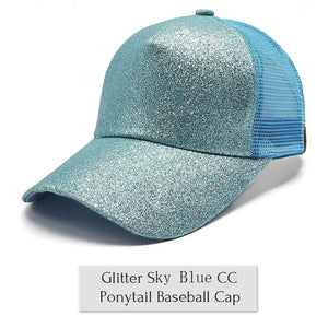 Drop Shipping CC Glitter Ponytail Baseball Cap Women Messy Bun Baseball Cap Girls Snapback Caps Summer Sports Mesh Hats