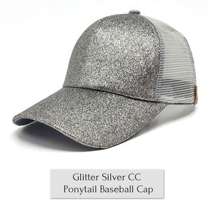 Drop Shipping CC Glitter Ponytail Baseball Cap Women Messy Bun Baseball Cap Girls Snapback Caps Summer Sports Mesh Hats