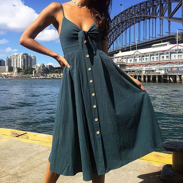 Sexy Bow Backless Polka Dots Print Beach Summer Dress Women 2018 Cotton Deep V Neck Buttons Red White Off Shoulder Midi Dresses
