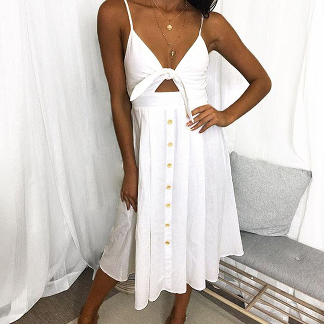 Sexy Bow Backless Polka Dots Print Beach Summer Dress Women 2018 Cotton Deep V Neck Buttons Red White Off Shoulder Midi Dresses