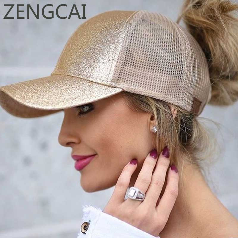 2018 CC Glitter Ponytail Baseball Cap Women Messy Bun Snapback Summer Mesh Hats Casual Adjustable Sport Caps Drop Shipping